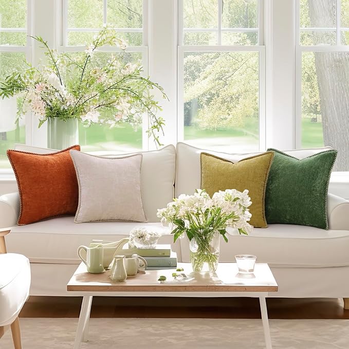 decorUhome Chenille Soft Throw Pillow Covers 24x24 Set of 2, Farmhouse Velvet Neutral Decorative Euro Pillow Covers with Stitched Edge for Couch Sofa Bed Home Decor, Beige