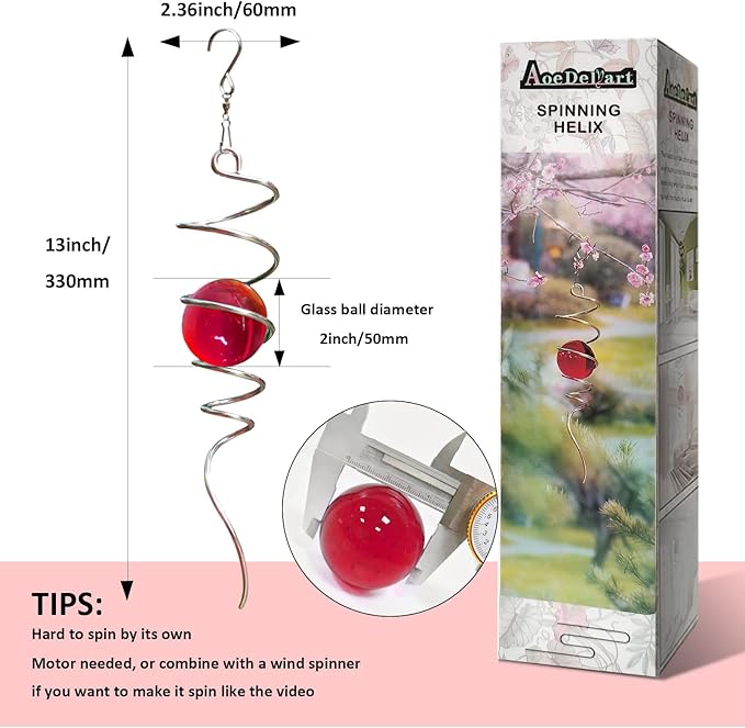 Gazing Ball Spiral Decorative Wind Spinner Sun Catcher 11inch Tail and 2 inch Glass Orb. Indoor Outdoor Garden Decoration Wind Sculptures Wind Spinner Tail-13 inch Height (red)