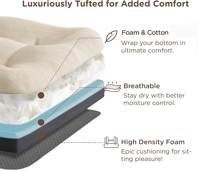 Codi 6 Pack Dining Chair Cushions, Thick Chairs Pads for Indoor Kitchen Room - Washable, Non-Slip Seat Cushion with Ties, 16.5"x16.5"x 3.5", Set of 6, Beige