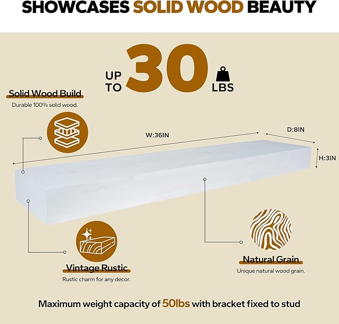 Floating Shelves 3 inch Thick for Wall Set of 2,Solid Pine Wood Wall Mount Shelf for Kitchen Living Room Bedroom Bathroom,8" D x 36" L x 3" H-White