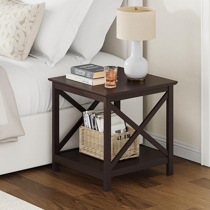 ChooChoo End Table, 24 Inch End Table with 2-Tier Storage Shelf, Side Table for Living Room, Wood Nightstand for Bedroom, Office, Painted Surface, Espresso