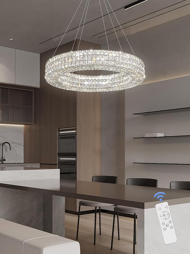 Dia 24" Modern Crystal Chandelier Silver Ring Chandelier Adjustable Height Luxury Crystal Pendant Ceiling Light Fixture for Dining Living Room Bedroom