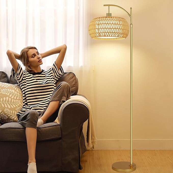 Gold Floor Lamps for Living Room Rattan Boho Floor Lamp with Remote Control,Dimmable Arc Floor Lamp Wicker LampShades Brass Standing Lamp with 3 Color Temperature Tall Floor Lamps For Bedroom Corner