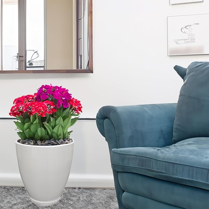 FixtureDisplays® 11.8" Diameter 11.8" Tall White Plant Pots, Plastic Flower Pots with Drainage Holes and Saucers for Indoor and Outdoor 15748-NF