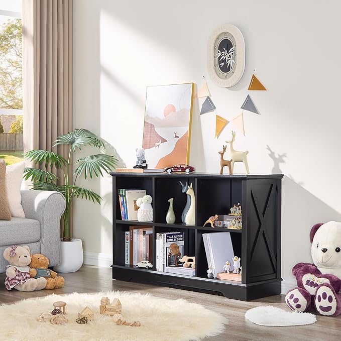 Farmhouse 6 Cube Bookshelf, Black Storage Organizer Bookcase, Kids Toy Storage Cabinet, Long Bookshelves Storage Organizer Shelf, Wood Display Cabinet Book Shelves for Bedroom,Living Room,Office