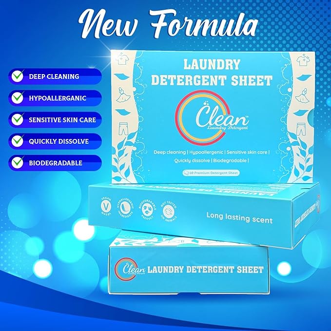 Clean Laundry Detergent™– Hypoallergenic, Eco-Friendly, Plant-Based, Biodegradable, 100% Natural – Gentle on Skin & Fabrics, Fresh Scent, 60 Premium Detergent Sheet