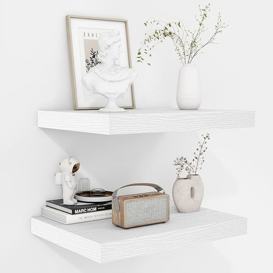 Fun Memories Floating Shelves - 2 Pack 12 Inch Deep Rustic Wooden Wall Shelves - Extra Deeper & Thicker Wall Mounted Storage Shelf for Living Room, Kitchen, Farmhouse - 16" W x 12" D x 1.5" H - White