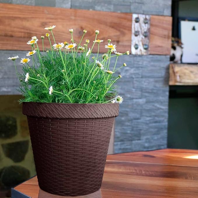 Elly Décor Set of 2 12 inch Round Saucer Modern Self Watering Planter Plates, Pots with Rattan-Like Finish, 12x12 Chocolate Brown