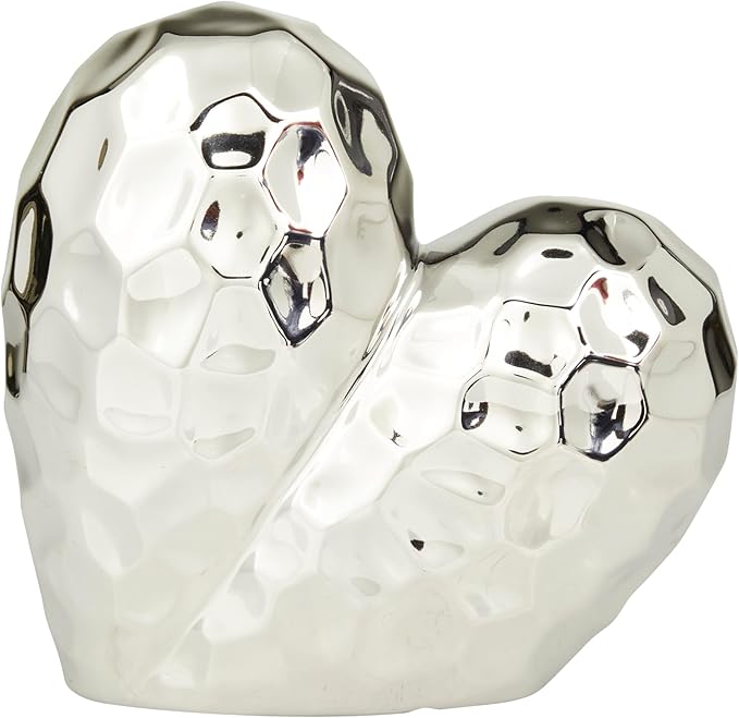 Deco 79 Porcelain Ceramic Heart Decorative Sculpture Dimensional Angled Origami Inspired Home Decor Statue, Accent Figurine 8" x 3" x 8", Silver