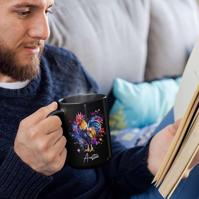Customized Name Rooster Coffee Mug - Gift for Men Women, Personalized Black Cup, Unique Chicken Ceramic 11oz 15oz, Funny Colorful Themed