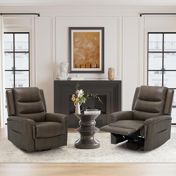 COLAMY Oversized Leather Recliner Chair, 360°Swivel Rocking Manual Recliner with Thick Cushioned Padding Backrest and Wide Seat - Lightbrown