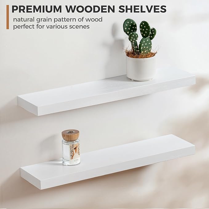 Fun Memories Handcrafted European Pine Floating Shelves - Natural Rustic Wooden Wall Shelf Set of 2-24 Inch Storage Shelf Display Shelf for Kitchen Bathroom Living Room Bedroom Farmhouse - White
