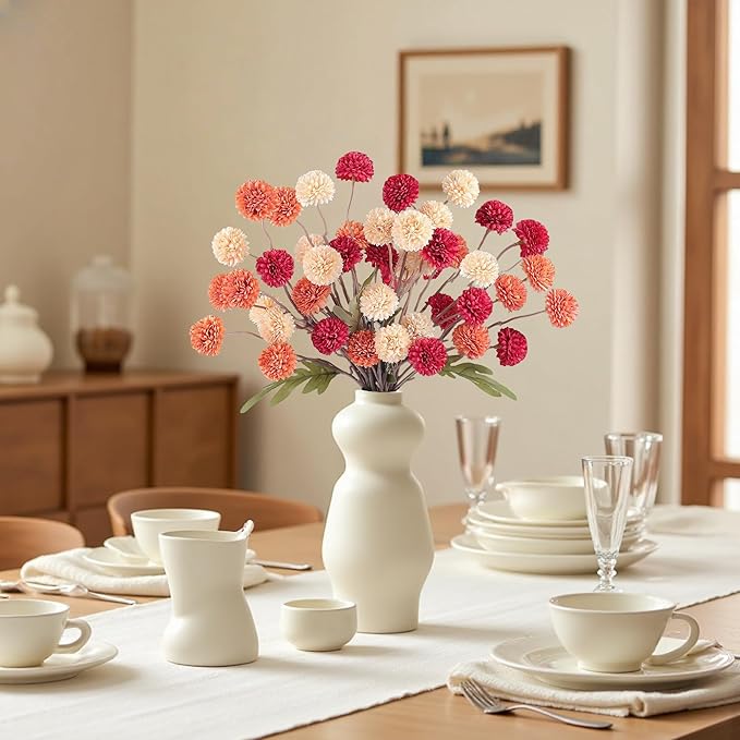 Faux Kiku Flowers Fall 10 Stems & 2 Eucalyptus, Fake Mums Pompon Flower Ball, Autumn Burnt Orange Artificial Chrysanthemums Flowers for Boho Decor, Mini Faux Kiku Flower Wedding Arrangements Decor