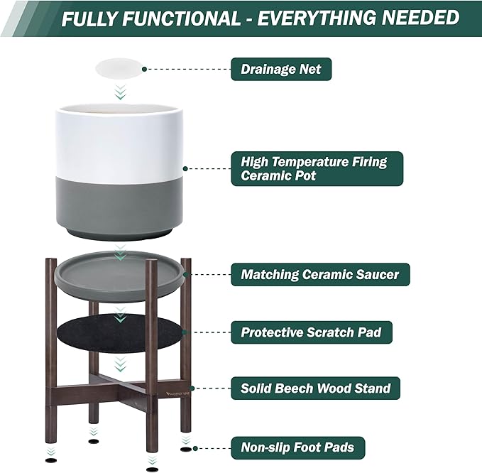 D'vine Dev Ceramic Planter with Walnut Color Stand - 12 Inch Modern Round Flower Pot with Wood Planter Holder, White/Grey, 55-B-W-6