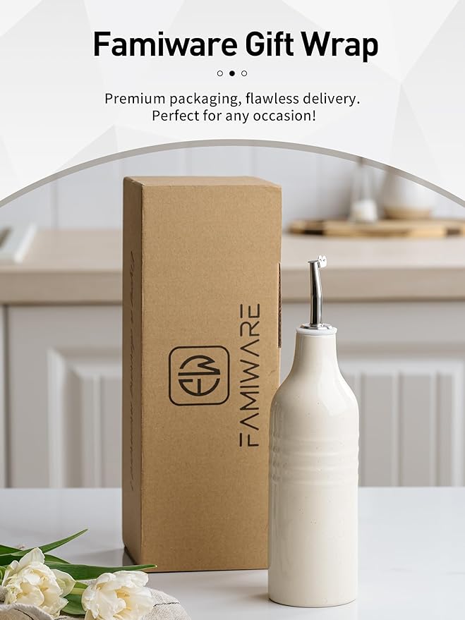 famiware Jupiter 16oz Ceramic Olive Oil Dispenser Bottle, Olive Oil and Vinegar Dispenser Bottle Set of 2 with Stainless Steel Pourers, Suitable for Storage Vinegar, Vanilla White & Light Pink