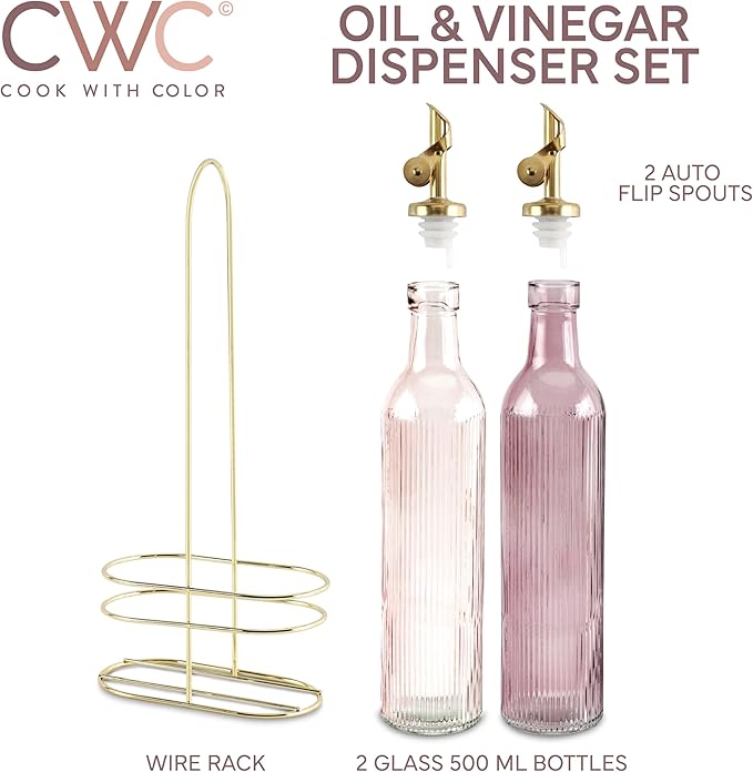 COOK WITH COLOR Glass Olive Oil Bottle Dispenser - 2 Pack- 17oz Oil and Vinegar Cruet - Olive Oil Carafe Decanter for Kitchen