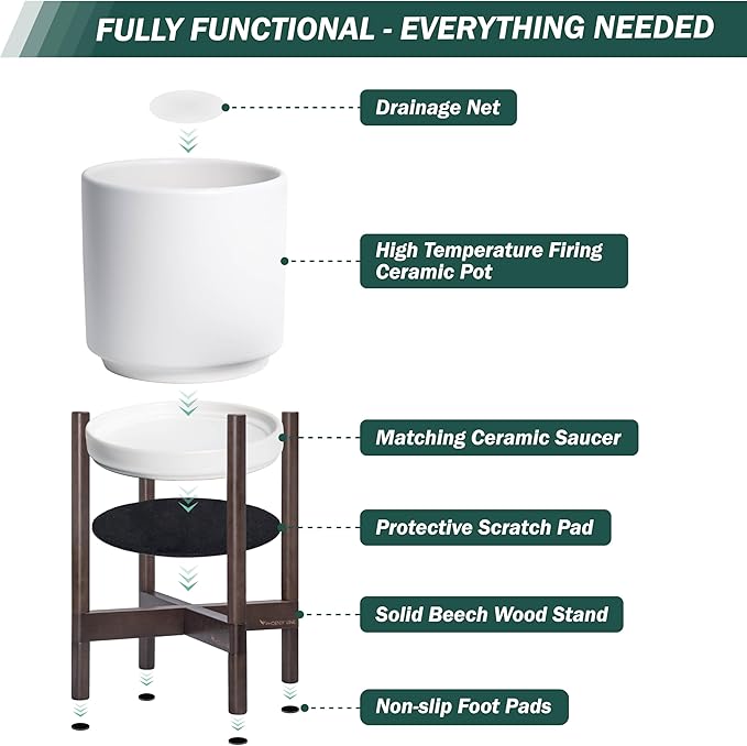 D'vine Dev Ceramic Planter with Walnut Color Stand - 8 Inch Modern Round Flower Pot with Wood Planter Holder, White, 55-B-Y-1