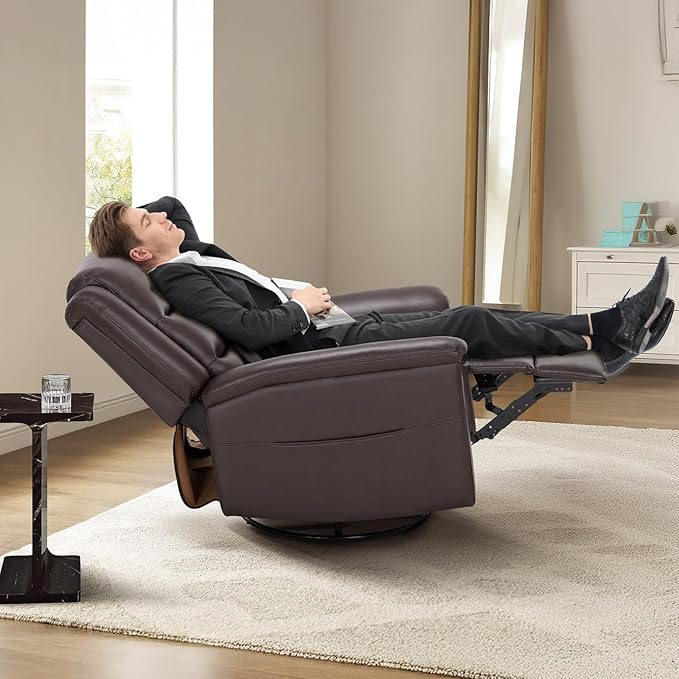 COLAMY Oversized Leather Recliner Chair, 360°Swivel Rocking Manual Recliner with Thick Cushioned Padding Backrest and Wide Seat - Darkbrown