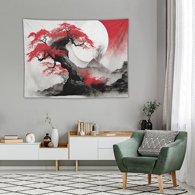 Cherry Blossoms Tapestry, Japanese Red Landscape Asian Abstract Art, Bedroom Living Room Decor 40"x30"
