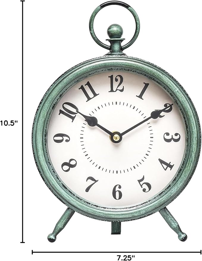 EMAX Home Vintage Green Rustic Retro Table Clock, Silent Non-Ticking, Battery Operated, 10.5"H, 7.28"W, Green Dial, Tabletop, Indoor, Kitchen