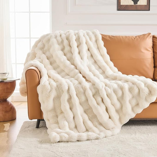 Cozy Faux Fur Throw Blanket for Couch-Warm Fuzzy Throw Blanket, Soft Plush Thick Bubble Blankets for Bedroom and Living Room, Furry Luxury Blanket, 50 x 60, Cream