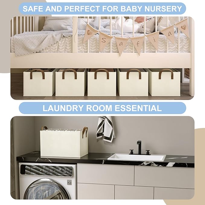 Closet Storage Bins, Fabric Closet Organizers and Storage Basket for Shelves, Collapsible Shelf Baskets for Organizing Shelves, Bedroom Clothes Basket, Beige, 3 Pack