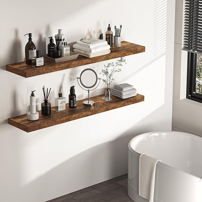 Floating Shelves - 10.23 Inch Deep Wall Shelf for Decor & Storage - Wall Mounted Display Shelving with Invisible Heavy-Duty Metal Bracket - 48" W x 10.23" D x 1.8" H - Set of 1 - Rustic Brown