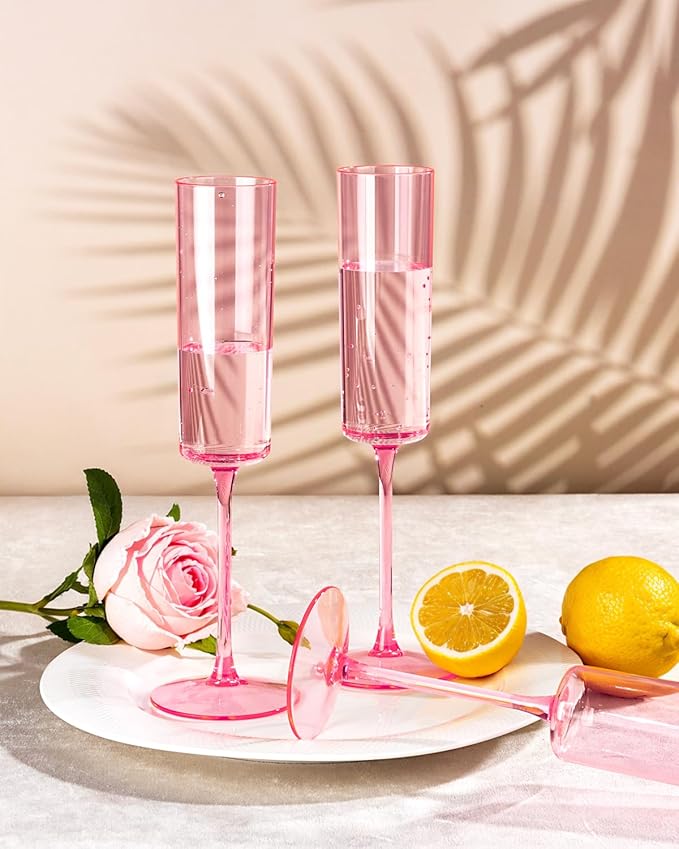 Ciaell 24 Pack Pink Plastic Champagne Flutes - Pink 6 Oz Disposable Champagne Glasses - Square Plastic Toasting Glasses for Party Birthday Anniversary Wedding