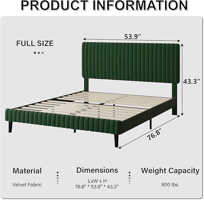 Full Size Bed Frame, Velvet Upholstered Platform Bed with Vertical Channel Tufted Headboard and Footboard, No Box Spring Required, Easy Assembly, Green