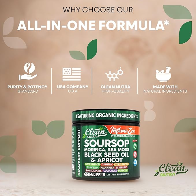 Clean Nutra Soursop Supplement Moringa Sea Moss Black Seed Oil Berberine Turmeric Resveratrol Quercetin Greens Bitters Boswellia Bitter Melon Burdock Root Antioxidant Support 90 Capsules