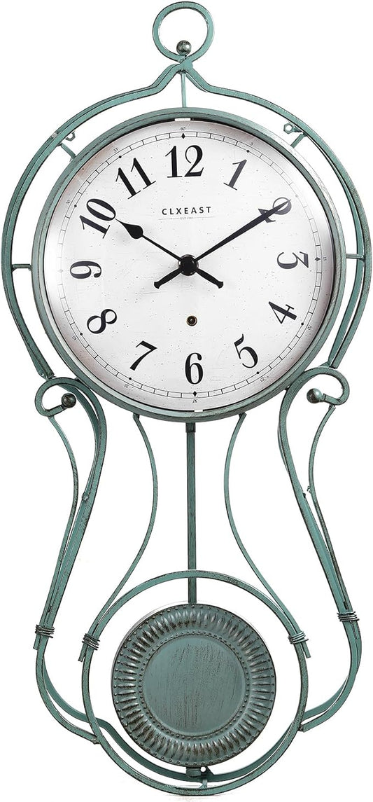 CLXEAST 20 Inch Metal Pendulum Wall Clock Battery Operated,Large Schoolhouse Wall Clocks for Living Room Decor,Antique Aged Teal Green Finish,House Warming Gifts New Home