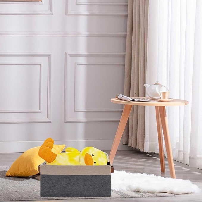 GhvyenntteS Small Fabric Storage Bins 6 Pack, 11.8" x 7.87" x 5.11" Storage Basket with Leather Handles, Closet Storage Bins for Shelves, Storage Baskets for Shelves, DVD Storage (Grey/Beige Yellow)