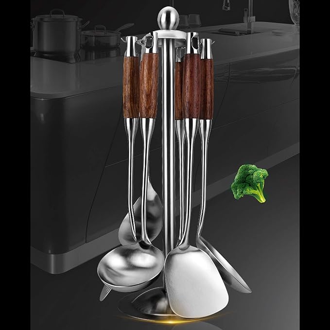 Cooking Utensils Set,7pcs 304 Stainless Steel Kitchen Utensils Set with Holder,Heat Resistant Wooden Handle Kitchen Tools
