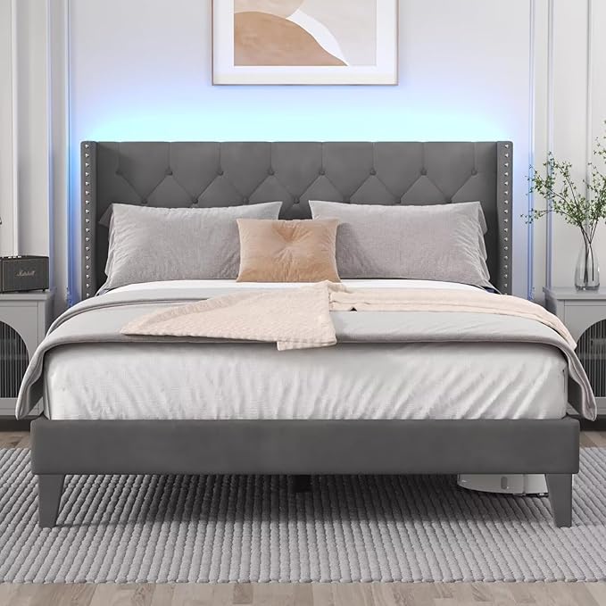 Full Size Bed Frame with LED Lights, Upholstered Bed Frame with Wingback Diamond Tufted Headboard, Wood Slats Support, Noise-Free, Easy Assembly, No Box Spring Needed, Grey