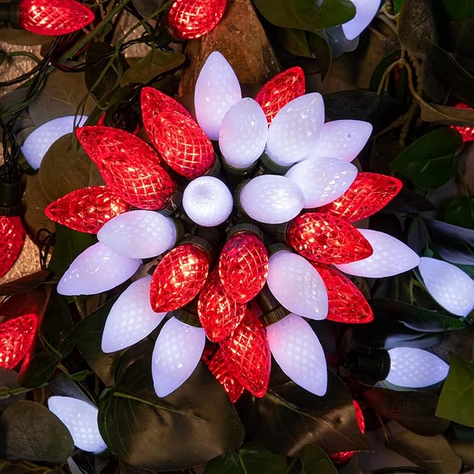 Extendable Red and White 50 LED Waterproof C9 LED Christmas Lights Indoor Outdoor Green Wire, Super Bright C9 Christmas String Lights for Tree, Patio, Easter, Porch, Home, Christmas Decorations