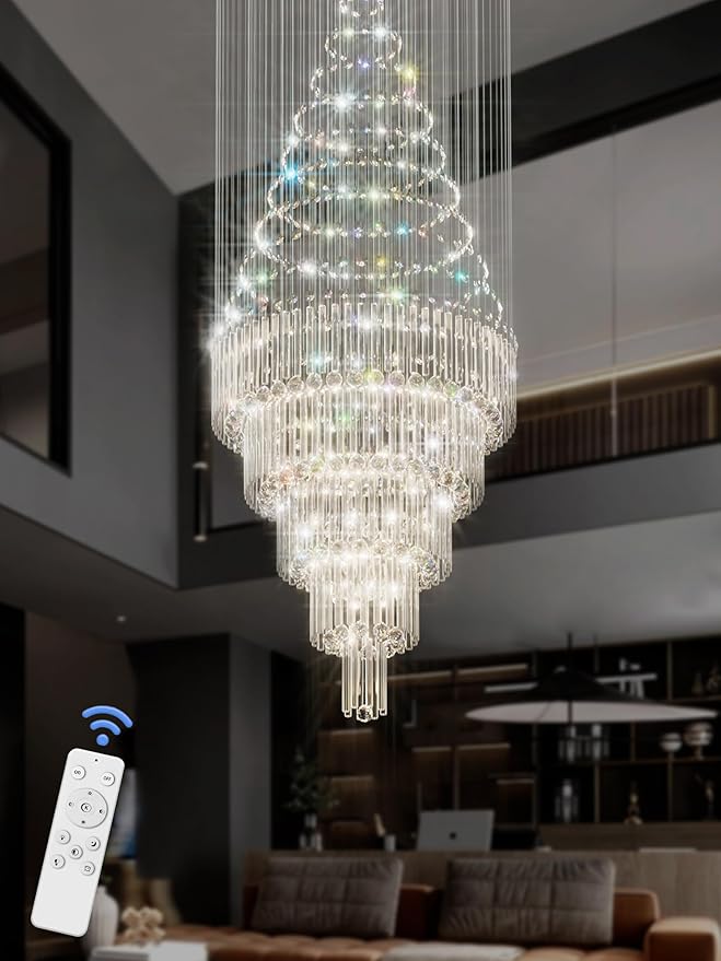 Flashing God D40''X H110'' High Ceiling Big Chandelier Crystal Raindrop Gold Chandeliers Staircase Large Chandelier Entrance Foyer High Ceiling Lighting Include 15 LED Bulbs Dimmable 2700K-4500K-6000K