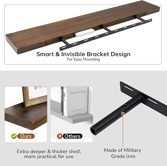 Floating Shelves for Wall, USA-Sourced Fir Wood 48 Inch Wall Shelves Set of 1, Natural Rustic Solid Wooden Floating Shelves Wall Mounted, Nursery Book Storage Shelf, Display Shelf for Bathroom