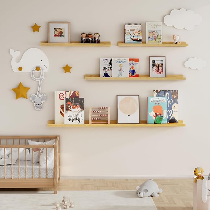 Fun Memories Picture Ledge Shelf, 36 Inch Floating Shelves Set of 2, Nursery Book Shelves for Toys Storage, Kids Bookshelf Wall Mounted for Wall Decor Books Photo Frames, Oak