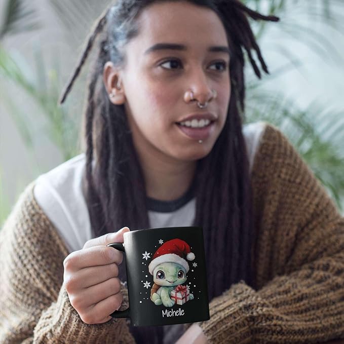 Coffee Mug With Xmas Turtle Design, Personalized Turtle Wearing Santa Hat Cup, Cute Baby Animal Black Mug 11oz 15oz, Custom Christmas Ceramic Cup, Customized Christmas Animal Mug Gift