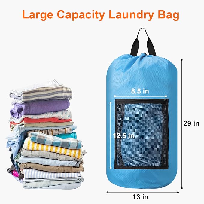 Femuar Laundry Bag Backpack Durable Laundry Bag with Shoulder Straps and Mesh Pockets Portable Laundry Dirty Clothes Hamper Bag for College Dorm (Blue)