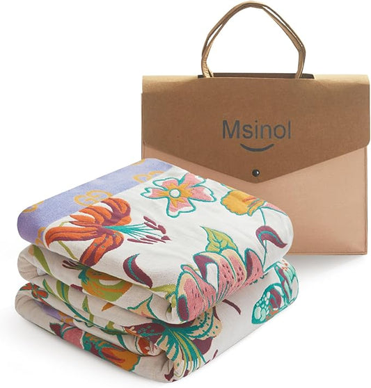 Floral Throw Blanket Pure Cotton Ultra Soft Lightweight Blanket Reversible Farmhouse Blankets Reversible Rustic Throw for Sofa Couch (60"x80",05-Butterfly and Flower)