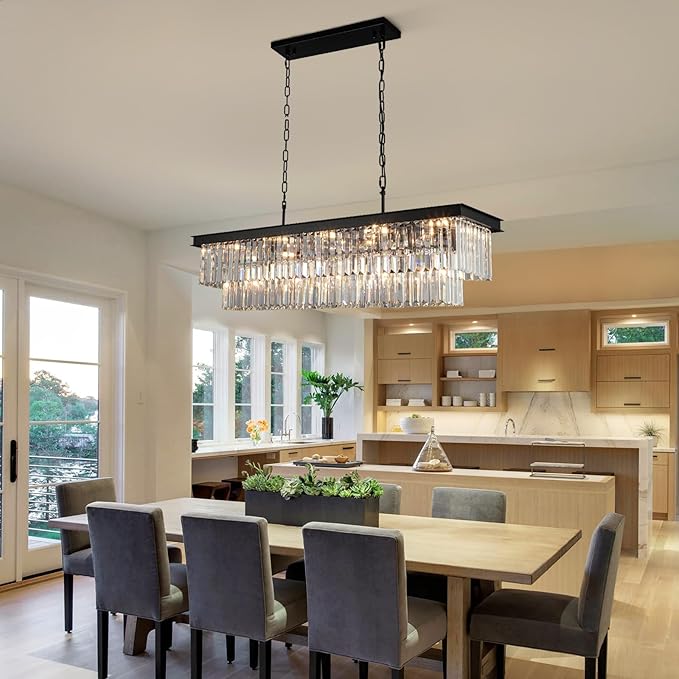 Crystal Chandeliers for Dining Room Light Fixtures Over Table，15-Lights Black Modern Rectangle Chandeliers for Kitchen Island Bar L40 Inch