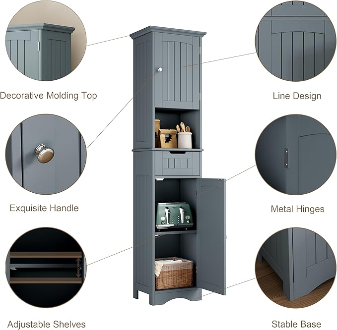 ChooChoo 67" Tall Bathroom Storage Cabinet Freestanding with Adjustable Shelves, Narrow Storage Linen Cabinet with 2 Doors and 1 Drawers for Bathroom, Living Room, Kitchen, Grey