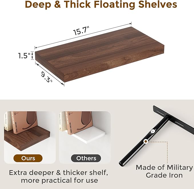 Fun Memories 16 Floating Shelves for Wall, 9 Inch Deep Floating Shelf for Bathroom, Rustic 16 x 9 Floating Shelf for Kitchen, Bedroom, Wide Wooden Shelves Wall Mounted, Walnut Color, Set of 2