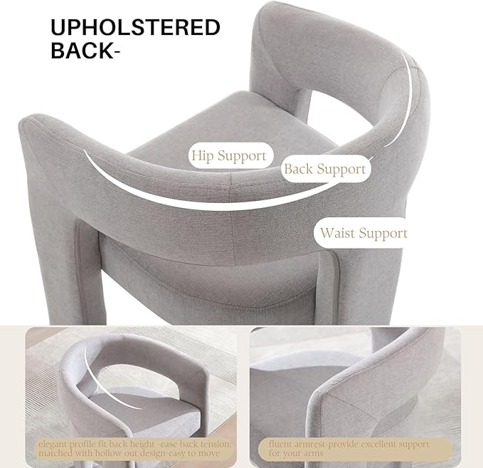 Grey Chenille Dining Chairs Set of 4, Modern Barrel Dining Room Chairs Upholstered Faux Fur Accent Chair with Arms and Round Back for Living Room Kitchen Armchair No Assembly Needed