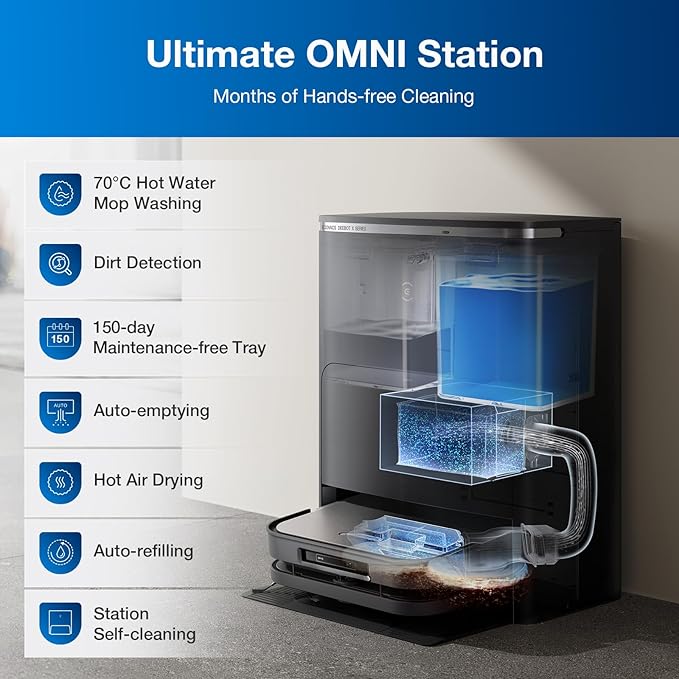 ECOVACS Robot Vacuum Cleaner DEEBOT X5 PRO Omni with All-in-one Station, 12.800Pa, ZeroTangle, TruEdge Adaptive Edge Mopping, 150℉ Hot Water Mop Washing, AINA 2.0 Intelligent Navigation