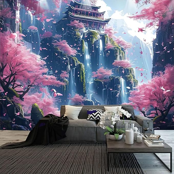 FENDROM Japanese Aesthetic Pink Cherry Blossom Tree Tapestry Building On Mountains Waterfall River Fairytale World Asian Art Tapestry for Bedroom Living Room