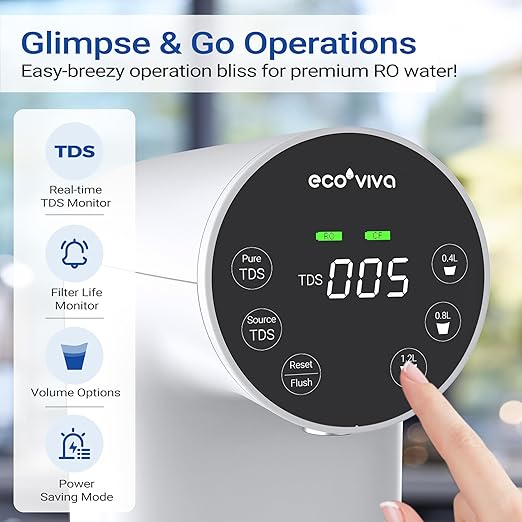 Ecoviva Countertop Reverse Osmosis Water Filtration System, Portable RO Water Filter Purifier with 5 Stage Filtration, 3:1 Pure to Drain, TDS Monitor, Faster Delivery Flow, Plug and Use - White