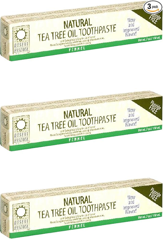 Desert Essence Natural Tea Tree Oil Toothpaste, Fluoride Free, Fennel, With Baking Soda, 6.25-Ounces (Pack of 3)