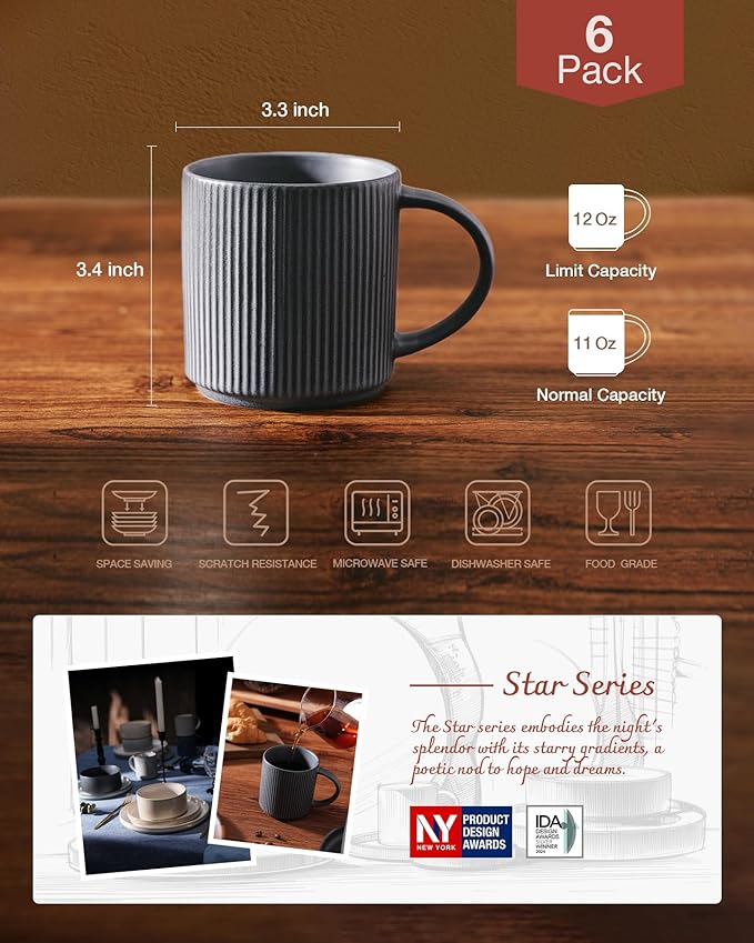 famiware Coffee Mug Set for 6, Star 12 oz Catering Mugs Cup Set with Handle for Coffee, Tea, Cocoa, Milk - Ceramic Stoneware Drinkware Set, Matte Dark Charcoal